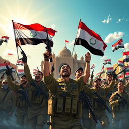 A powerful and heroic depiction of Iraqi forces celebrating a decisive victory over ISIS