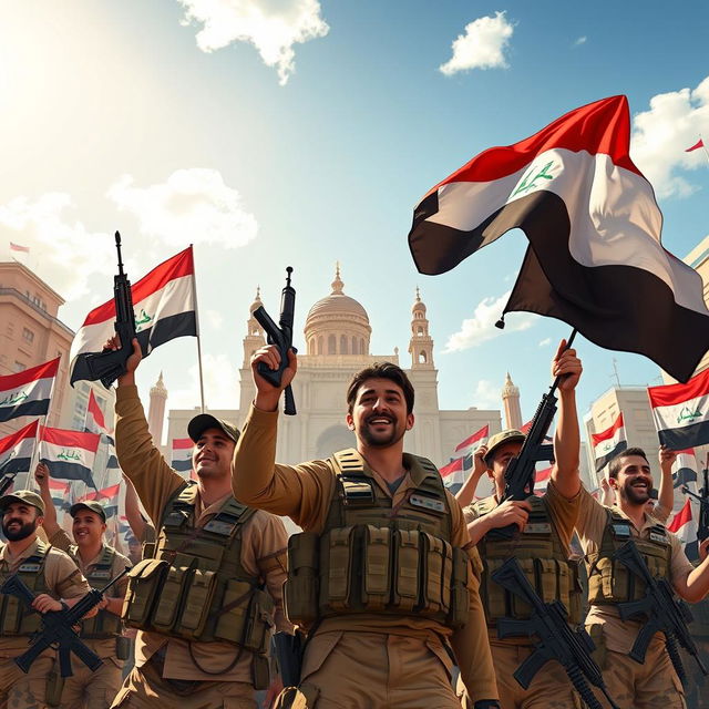 A powerful and heroic depiction of Iraqi forces celebrating a decisive victory over ISIS