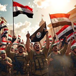 A powerful and heroic depiction of Iraqi forces celebrating a decisive victory over ISIS