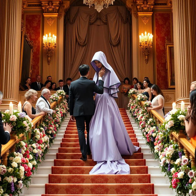 In a majestic royal palace, capture the moment of the marriage contract between the son of a Caucasian king and a beautiful bride