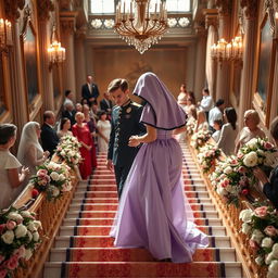 In a majestic royal palace, capture the moment of the marriage contract between the son of a Caucasian king and a beautiful bride