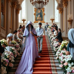 In a majestic royal palace, capture the moment of the marriage contract between the son of a Caucasian king and a beautiful bride