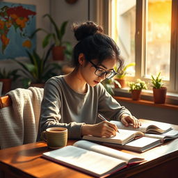 A focused girl studying at a wooden desk, surrounded by books and notes, with sunlight streaming through a window