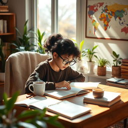 A focused girl studying at a wooden desk, surrounded by books and notes, with sunlight streaming through a window