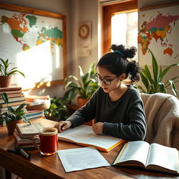 A focused girl studying at a wooden desk, surrounded by books and notes, with sunlight streaming through a window