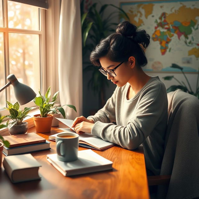 A focused girl studying at a wooden desk, surrounded by books and notes, with sunlight streaming through a window