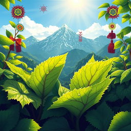 A vibrant and mystical illustration of sacred coca leaves surrounded by lush green foliage in a serene Andean landscape