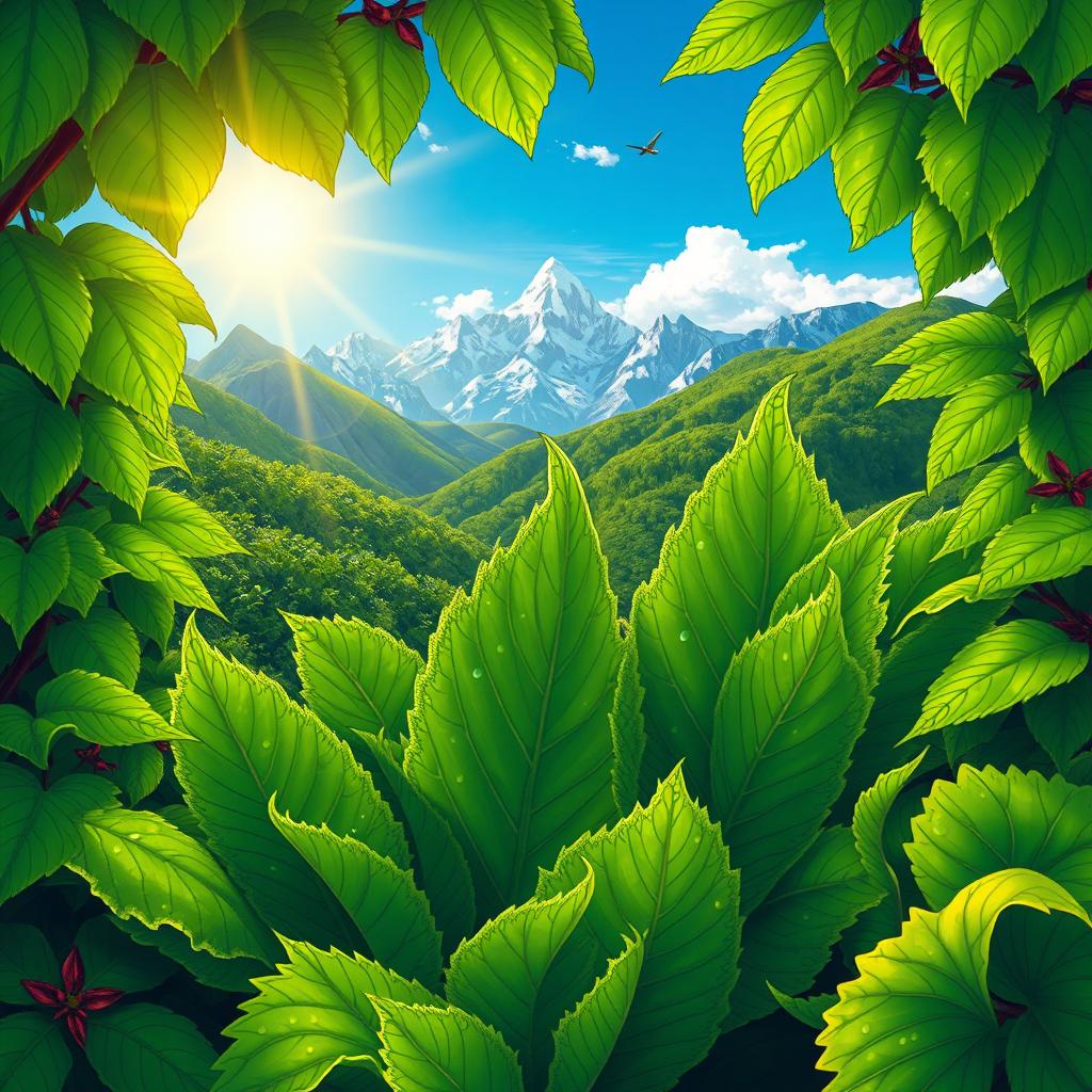 A vibrant and mystical illustration of sacred coca leaves surrounded by lush green foliage in a serene Andean landscape