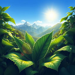 A vibrant and mystical illustration of sacred coca leaves surrounded by lush green foliage in a serene Andean landscape