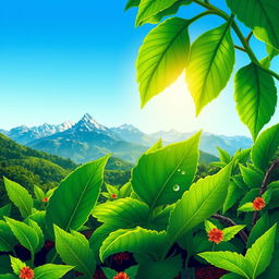 A vibrant and mystical illustration of sacred coca leaves surrounded by lush green foliage in a serene Andean landscape