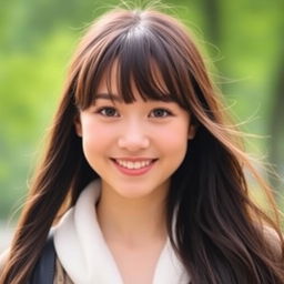 A young woman with long hair and stylish bangs