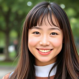 A young woman with long hair and stylish bangs