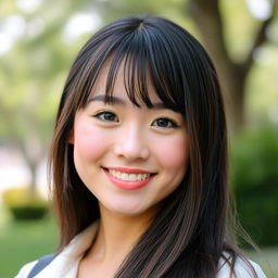 A young woman with long hair and stylish bangs