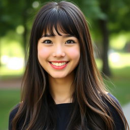 A young woman with long hair and stylish bangs