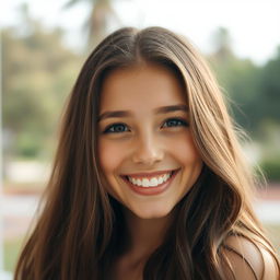 A beautiful 18-year-old brunette girl with long, flowing hair
