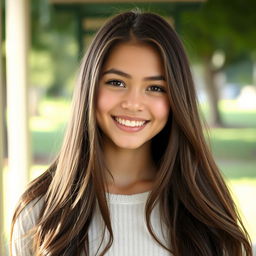 A beautiful 18-year-old brunette girl with long, flowing hair