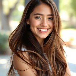 A beautiful 18-year-old brunette girl with long, flowing hair