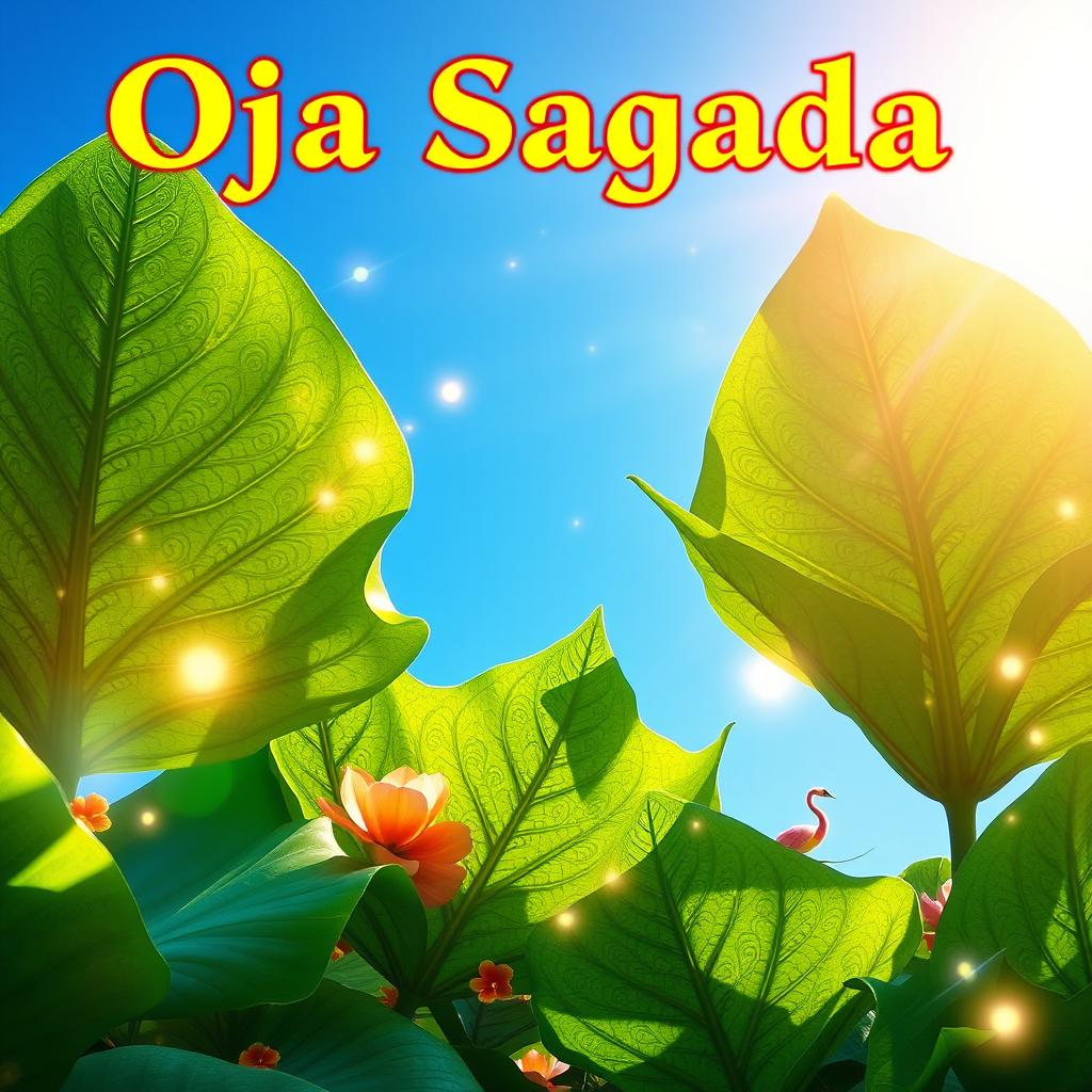 A vibrant and colorful representation of 'Oja Sagrada', showcasing large green leaves with intricate patterns, set against a bright blue sky