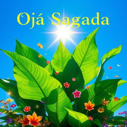 A vibrant and colorful representation of 'Oja Sagrada', showcasing large green leaves with intricate patterns, set against a bright blue sky