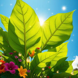A vibrant and colorful representation of 'Oja Sagrada', showcasing large green leaves with intricate patterns, set against a bright blue sky