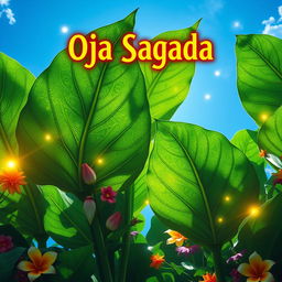 A vibrant and colorful representation of 'Oja Sagrada', showcasing large green leaves with intricate patterns, set against a bright blue sky