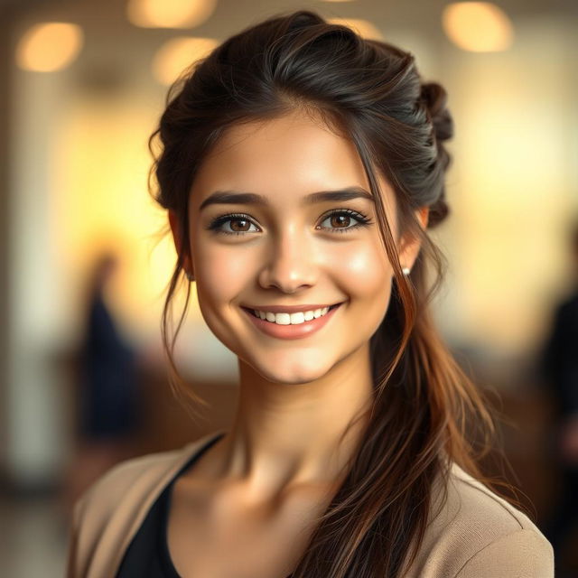 A beautiful 18-year-old brunette girl with long hair styled in an elegant updo