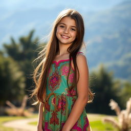 A beautiful 18-year-old brunette girl with long hair, wearing a flowing dress that elegantly accentuates her figure