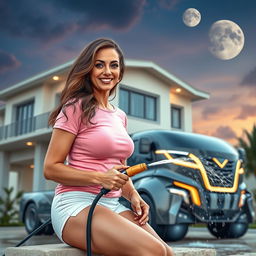 A full-body image of a 55-year-old mature woman with an alluring charm, wearing short white shorts and a fitted pink t-shirt