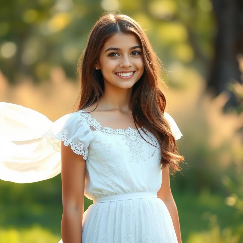 A beautiful 18-year-old brunette girl wearing a stunning white dress that flows gracefully around her