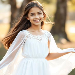 A beautiful 18-year-old brunette girl wearing a stunning white dress that flows gracefully around her