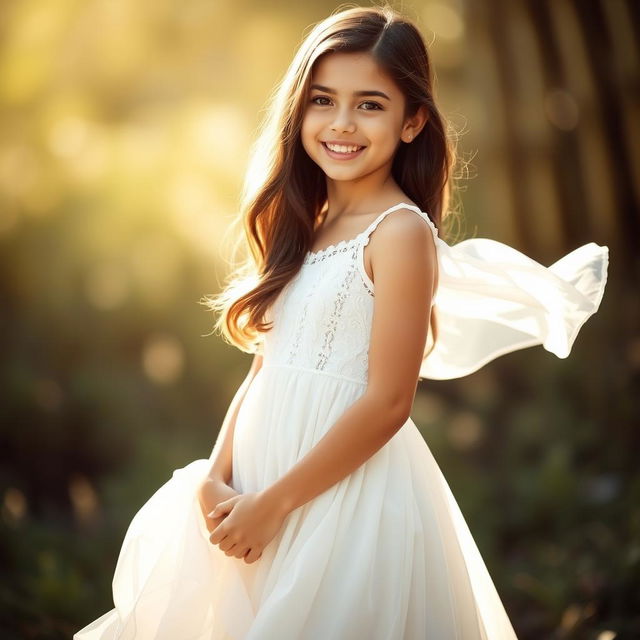A beautiful 18-year-old brunette girl wearing a stunning white dress that flows gracefully around her