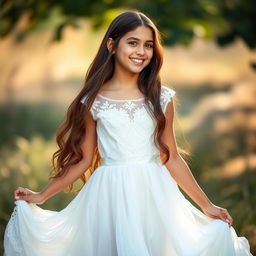 A beautiful 18-year-old brunette girl wearing a stunning white dress that flows gracefully around her
