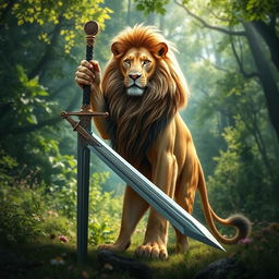 A majestic lion holding a sword, standing proudly in a lush green forest