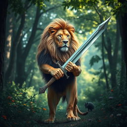 A majestic lion holding a sword, standing proudly in a lush green forest