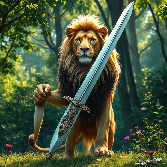 A majestic lion holding a sword, standing proudly in a lush green forest