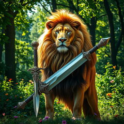 A majestic lion holding a sword, standing proudly in a lush green forest