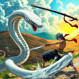 A dynamic scene depicting a fierce battle between a white snake and a swordsman inspired by Zoro, wearing a distinctive bandana and wielding a katana