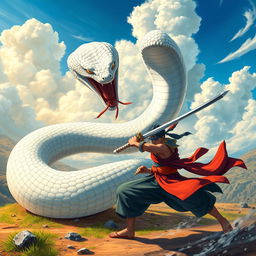 A dynamic scene depicting a fierce battle between a white snake and a swordsman inspired by Zoro, wearing a distinctive bandana and wielding a katana
