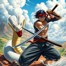 A dynamic scene depicting a fierce battle between a white snake and a swordsman inspired by Zoro, wearing a distinctive bandana and wielding a katana