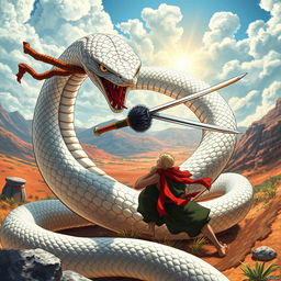 A dynamic scene depicting a fierce battle between a white snake and a swordsman inspired by Zoro, wearing a distinctive bandana and wielding a katana