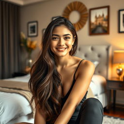 A beautiful 18-year-old brunette girl sitting elegantly in a cozy bedroom