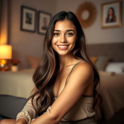 A beautiful 18-year-old brunette girl sitting elegantly in a cozy bedroom