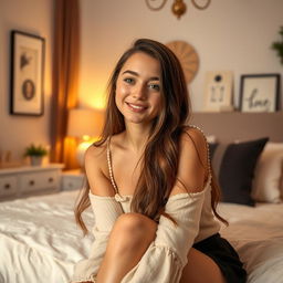 A beautiful 18-year-old brunette girl sitting elegantly in a cozy bedroom