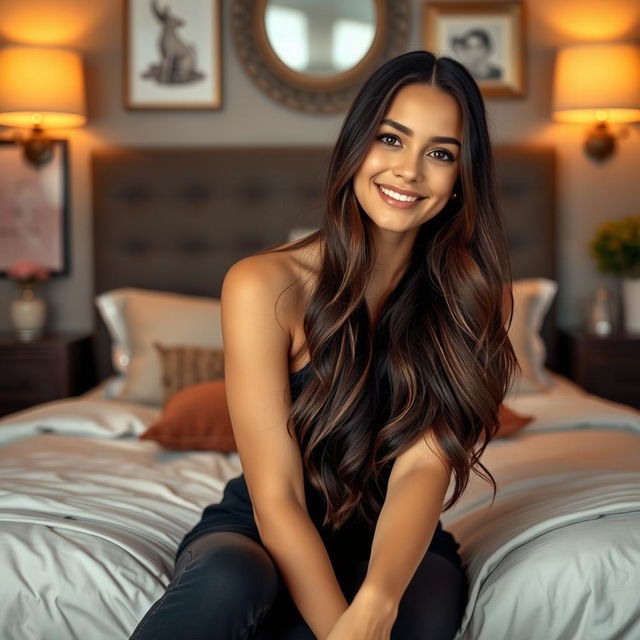 A beautiful 18-year-old brunette girl sitting elegantly in a cozy bedroom