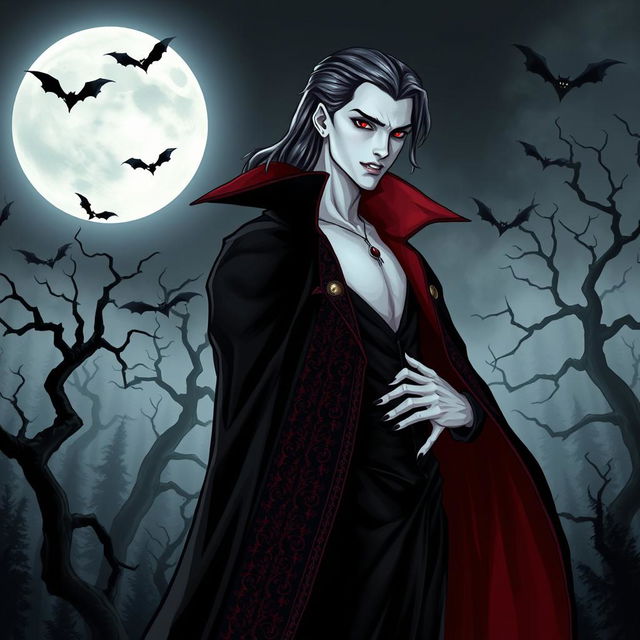 A striking vampire character design for a gothic novel cover, featuring a tall, elegant figure draped in a flowing black cape with intricate red lining