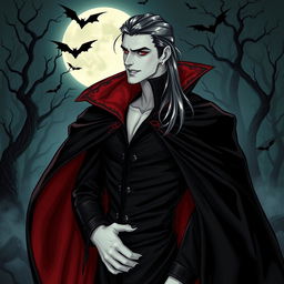 A striking vampire character design for a gothic novel cover, featuring a tall, elegant figure draped in a flowing black cape with intricate red lining