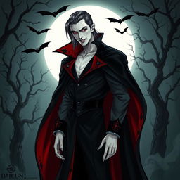 A striking vampire character design for a gothic novel cover, featuring a tall, elegant figure draped in a flowing black cape with intricate red lining