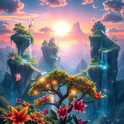 A vibrant digital artwork showcasing a fantastical landscape featuring floating islands with lush greenery, cascading waterfalls, and an iridescent sunset sky