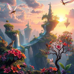A vibrant digital artwork showcasing a fantastical landscape featuring floating islands with lush greenery, cascading waterfalls, and an iridescent sunset sky