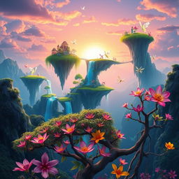A vibrant digital artwork showcasing a fantastical landscape featuring floating islands with lush greenery, cascading waterfalls, and an iridescent sunset sky